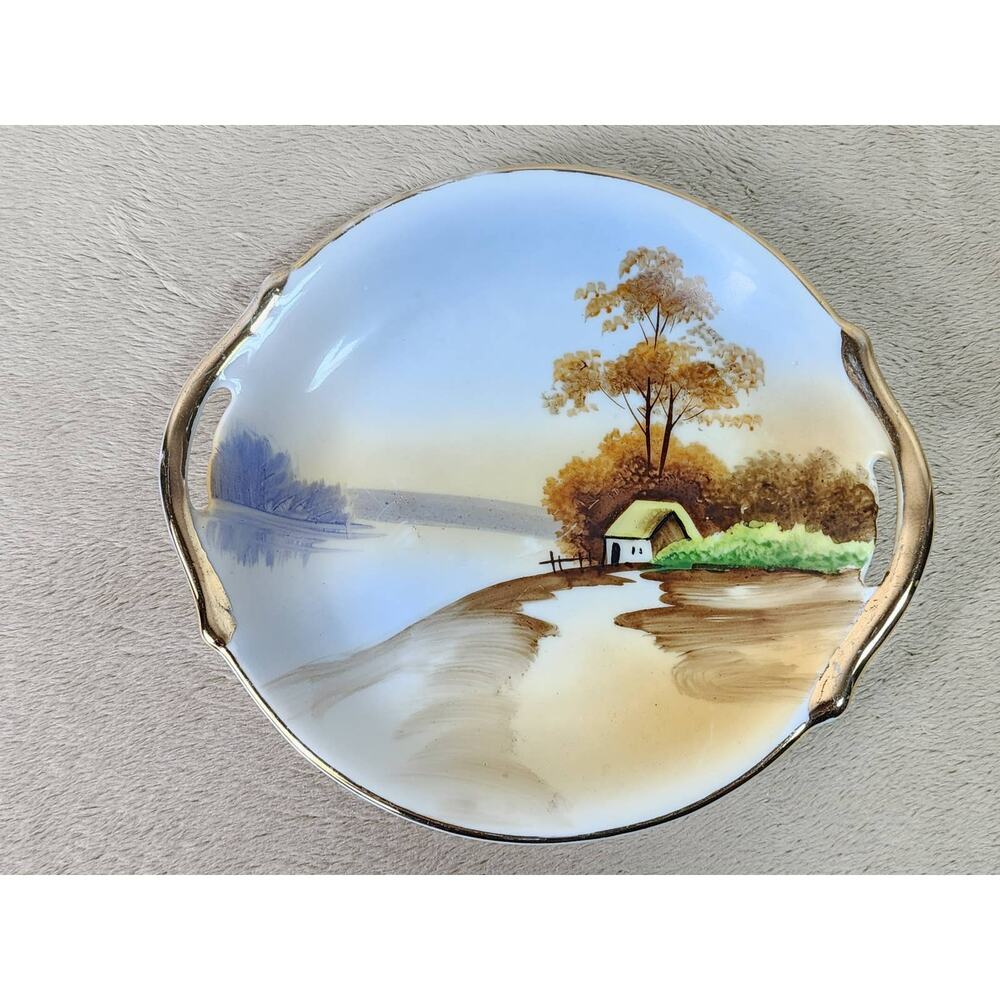Nippon Bowl w/ Handle Cottage Landscape 7" Gold Trim 1891 - 1921 Hand Painted